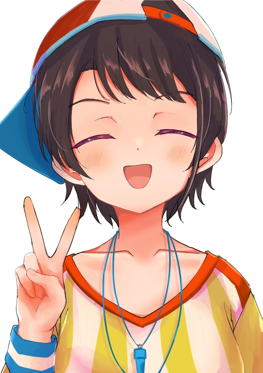 1girl baseball_cap black_hair blush closed_eyes collarbone commentary eyebrows_visible_through_hair hanuke hat highres hololive looking_at_viewer oozora_subaru open_mouth shirt short_hair sideways_hat simple_background smile solo striped striped_shirt upper_body v vertical-striped_shirt vertical_stripes virtual_youtuber whistle whistle_around_neck white_background wristband yellow_shirt