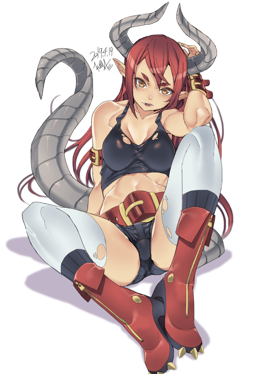 1girl armband bare_shoulders blush brown_eyes collarbone dated dragon_girl dragon_horns dragon_tail fangs fangs_out hair_between_eyes highres horns kuma_(jk0073) light_blush long_hair original parted_lips pointy_ears red_footwear redhead signature simple_background sitting solo tail torn torn_clothes torn_legwear white_background zipper zipper_pull_tab