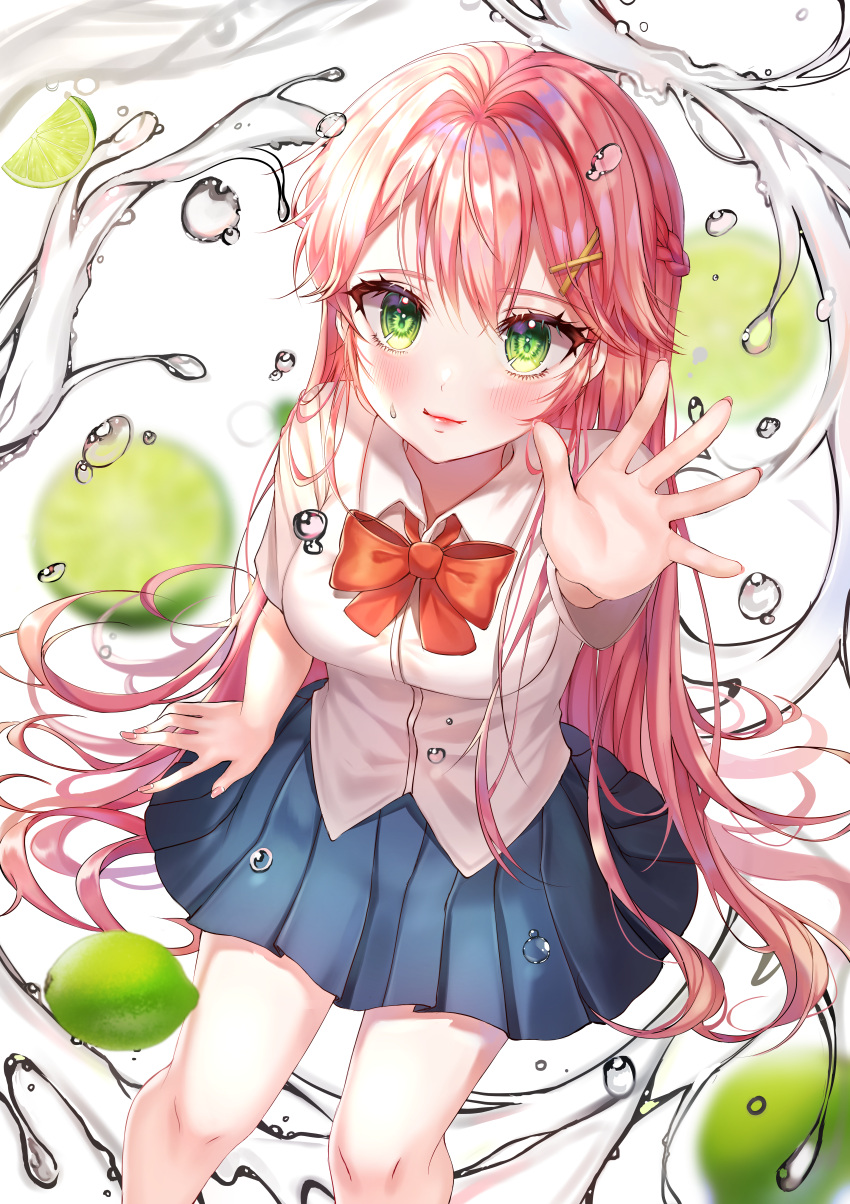 1girl absurdres aina_156cm blue_skirt bow food fruit green_eyes hair_ornament highres huge_filesize lime_(fruit) long_hair original outstretched_hand pink_hair pleated_skirt red_bow school_uniform shirt short_sleeves skirt water water_drop white_shirt x_hair_ornament