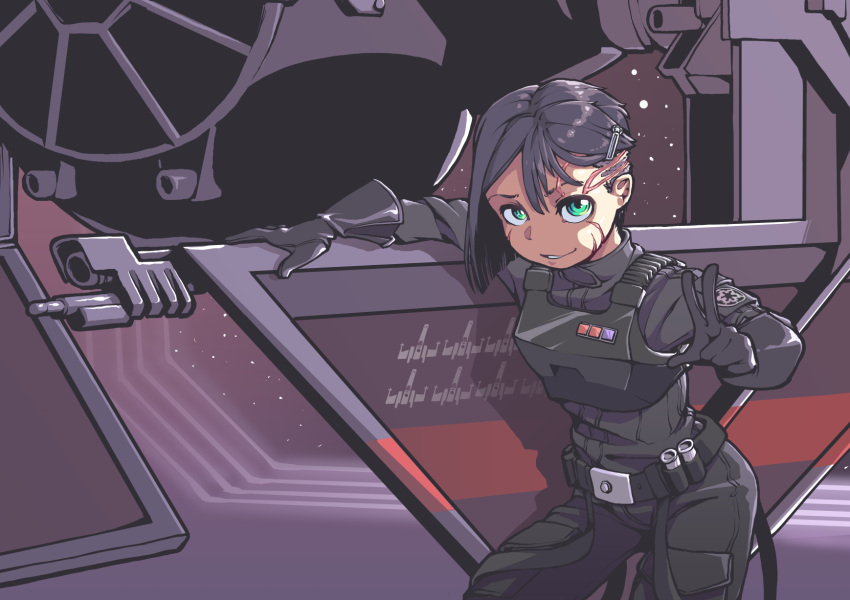 1girl asymmetrical_hair black_gloves black_hair english_commentary gloves green_eyes highres jarv looking_at_viewer pilot_suit revision scar smile solo star_(sky) star_wars tie_interceptor undercut