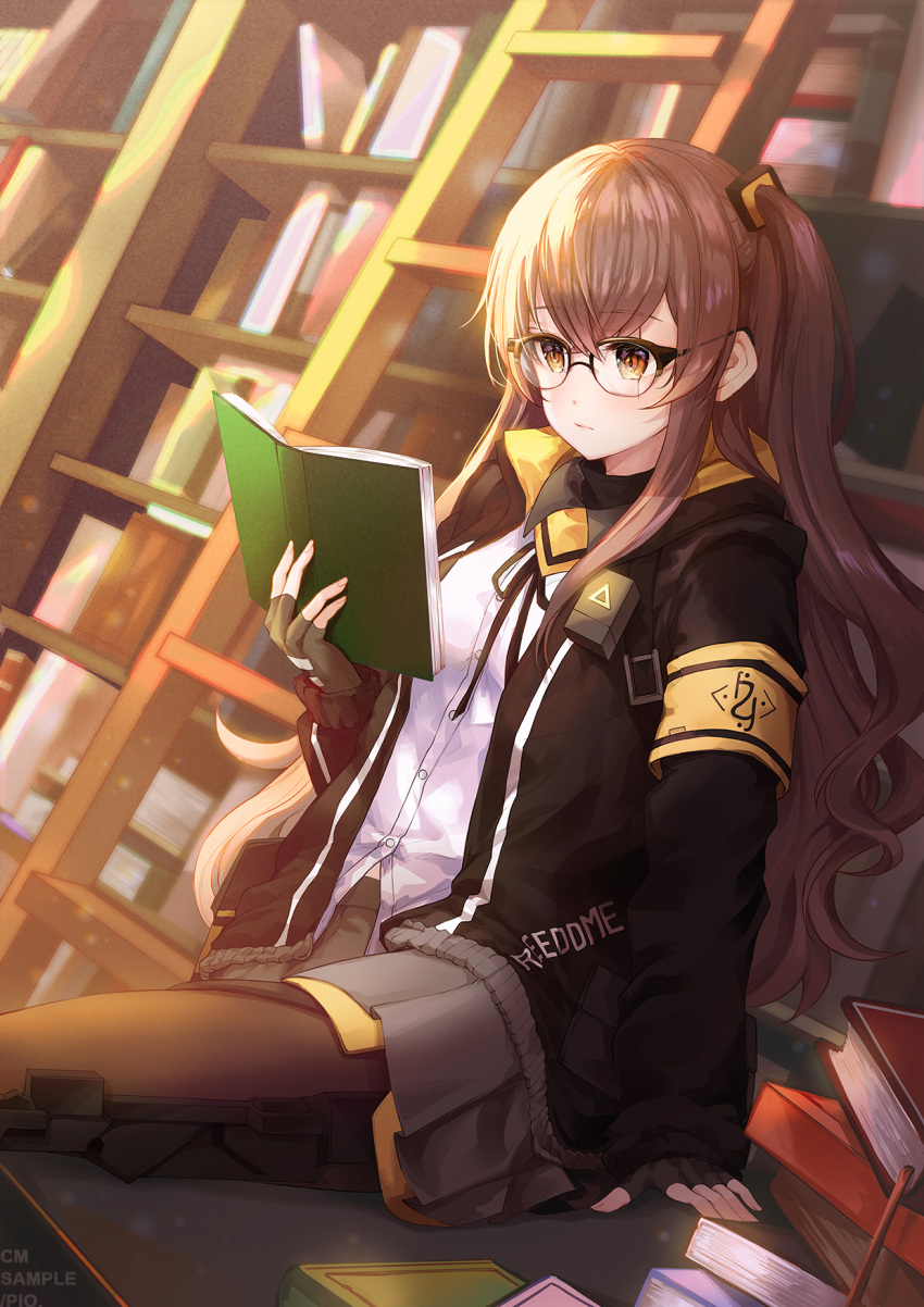 1girl arm_support armband bangs black-framed_eyewear black_gloves book book_stack bookshelf brown_eyes brown_hair eyebrows_visible_through_hair fingerless_gloves girls_frontline glasses gloves hair_between_eyes hair_ornament highres holding indoors jacket ladder long_hair long_sleeves looking_at_object one_side_up pantyhose pistachiocream reading scar scar_across_eye shirt sidelocks sitting skirt ump45_(girls_frontline)