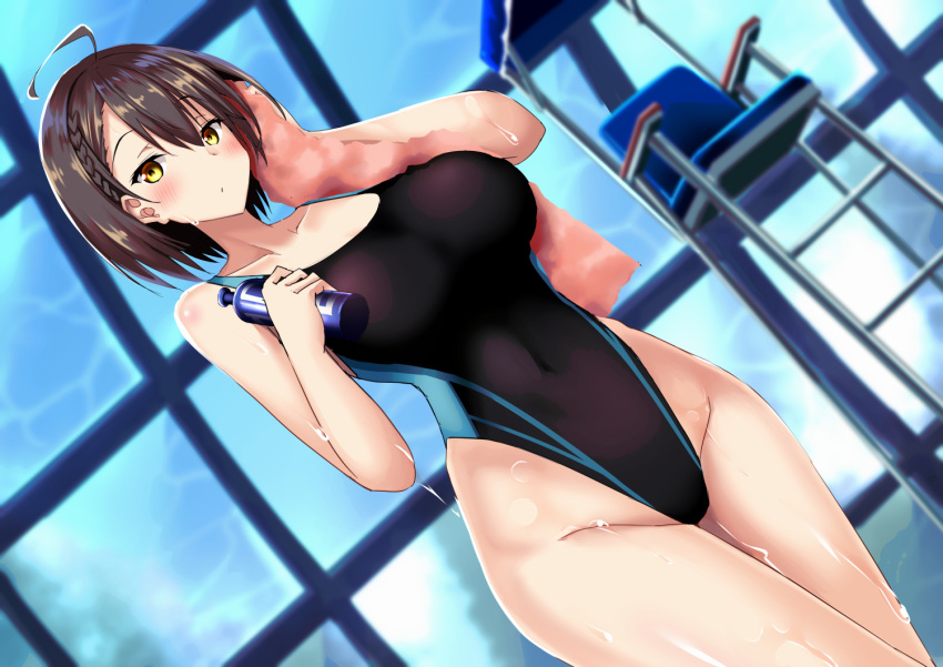 1girl ahoge azur_lane baltimore_(azur_lane) bangs bare_shoulders black_swimsuit blush bottle braid breasts brown_hair collarbone commentary_request competition_swimsuit covered_navel cowboy_shot drying dutch_angle eyebrows_visible_through_hair french_braid groin hair_between_eyes highleg highleg_swimsuit holding holding_bottle holding_towel indoors large_breasts lifeguard_chair looking_at_viewer minato_yoshihiro one-piece_swimsuit short_hair sidelocks solo standing swimsuit towel water_bottle wet yellow_eyes