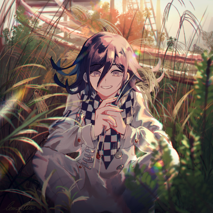 1boy absurdres blurry blurry_background blurry_foreground checkered checkered_scarf chromatic_aberration dangan_ronpa depth_of_field eyebrows_visible_through_hair grass hair_between_eyes hands_together highres lemontea long_sleeves male_focus new_dangan_ronpa_v3 ouma_kokichi purple_hair scarf shirt short_hair smile solo squatting tree violet_eyes