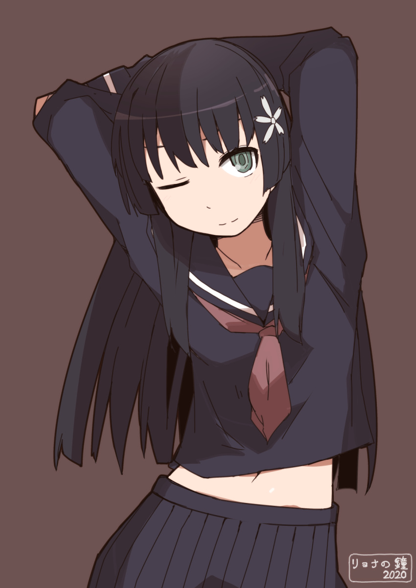 1girl arms_behind_head arms_up bangs black_hair black_serafuku black_shirt black_skirt brown_background collarbone commentary cover cover_page cowboy_shot dated flower green_eyes hair_flower hair_ornament highres hime_cut light_smile long_hair long_sleeves midriff midriff_peek navel neckerchief nns_(sobchan) one_eye_closed pleated_skirt red_neckwear sakugawa_school_uniform saten_ruiko school_uniform serafuku shirt simple_background skirt solo title to_aru_kagaku_no_railgun to_aru_majutsu_no_index translated white_flower