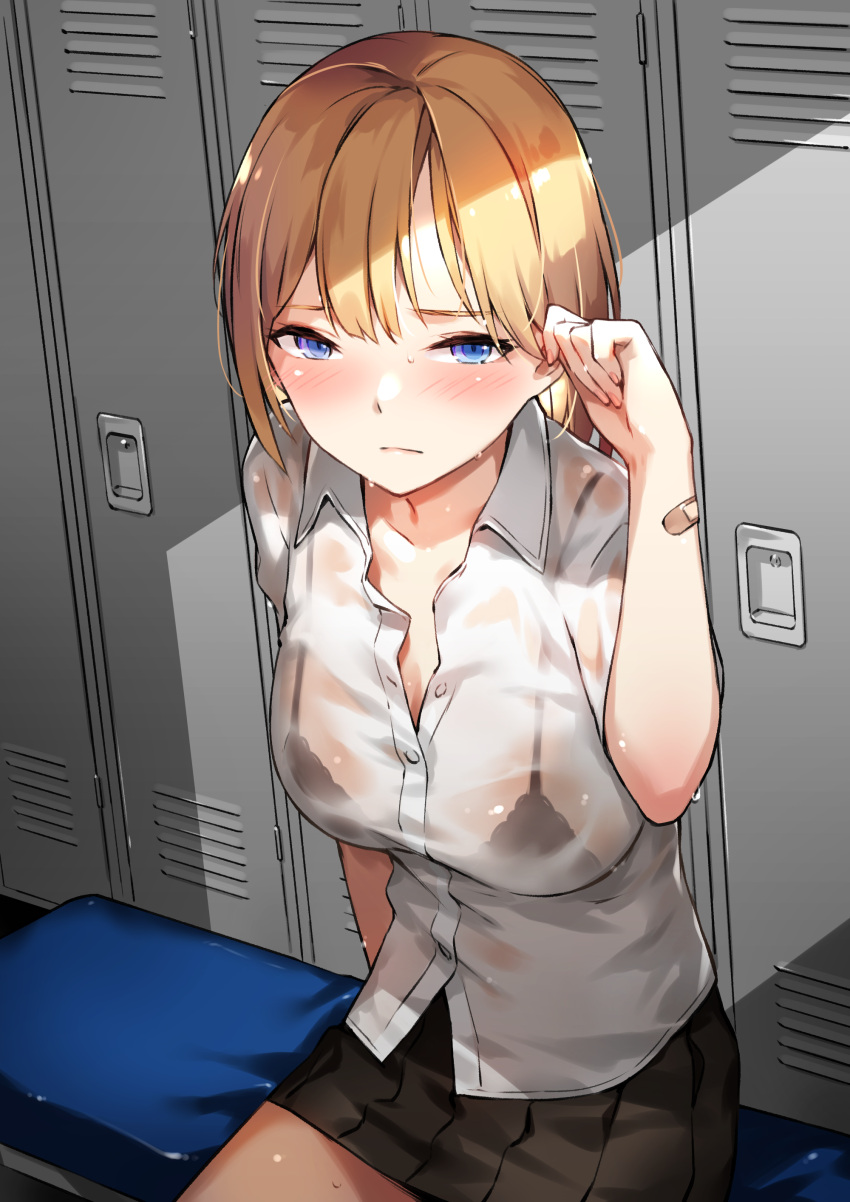 1girl absurdres adjusting_hair arm_support bandaid bangs black_bra black_skirt blonde_hair blue_eyes blush bra bralines breasts collar collarbone collared_shirt highres hololive hololive_english indoors locker locker_room looking_at_viewer medium_breasts medium_hair nail_polish pleated_skirt school_uniform see-through shirt short_sleeves sitting sitting_on_bench skirt solo underwear virtual_youtuber watson_amelia wet wet_clothes wet_shirt white_collar white_shirt xie_yizhen