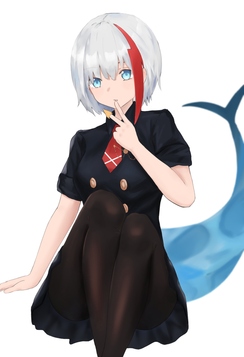 1girl admiral_graf_spee_(azur_lane) admiral_graf_spee_(maiden's_sunday)_(azur_lane) azur_lane black_dress black_legwear blue_eyes breasts bugles bugles_on_fingers double-breasted dress feet_out_of_frame fish_tail food_on_finger highres lovt medium_breasts multicolored_hair necktie pantyhose red_neckwear redhead shark_tail short_dress short_hair short_necktie short_sleeves simple_background solo streaked_hair tail white_background white_hair