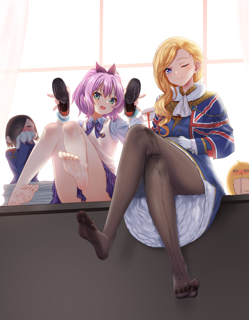 2girls absurdres ark_royal_(azur_lane) azur_lane bare_legs barefoot black_legwear blonde_hair blue_capelet blue_dress blue_eyes cang_se_ye_hua capelet chinese_commentary commentary_request dress feet green_eyes hair_over_shoulder hat high_ponytail highres holding holding_shoes hood_(azur_lane) javelin_(azur_lane) javelin_(very_slow_advance!)_(azur_lane) legs long_hair looking_at_viewer medium_hair multiple_girls no_shoes one_eye_closed pantyhose pleated_skirt purple_hair purple_skirt revision royal_navy shoes skirt soles tea toes toes_up union_jack wet wet_clothes white_dress wide_ponytail