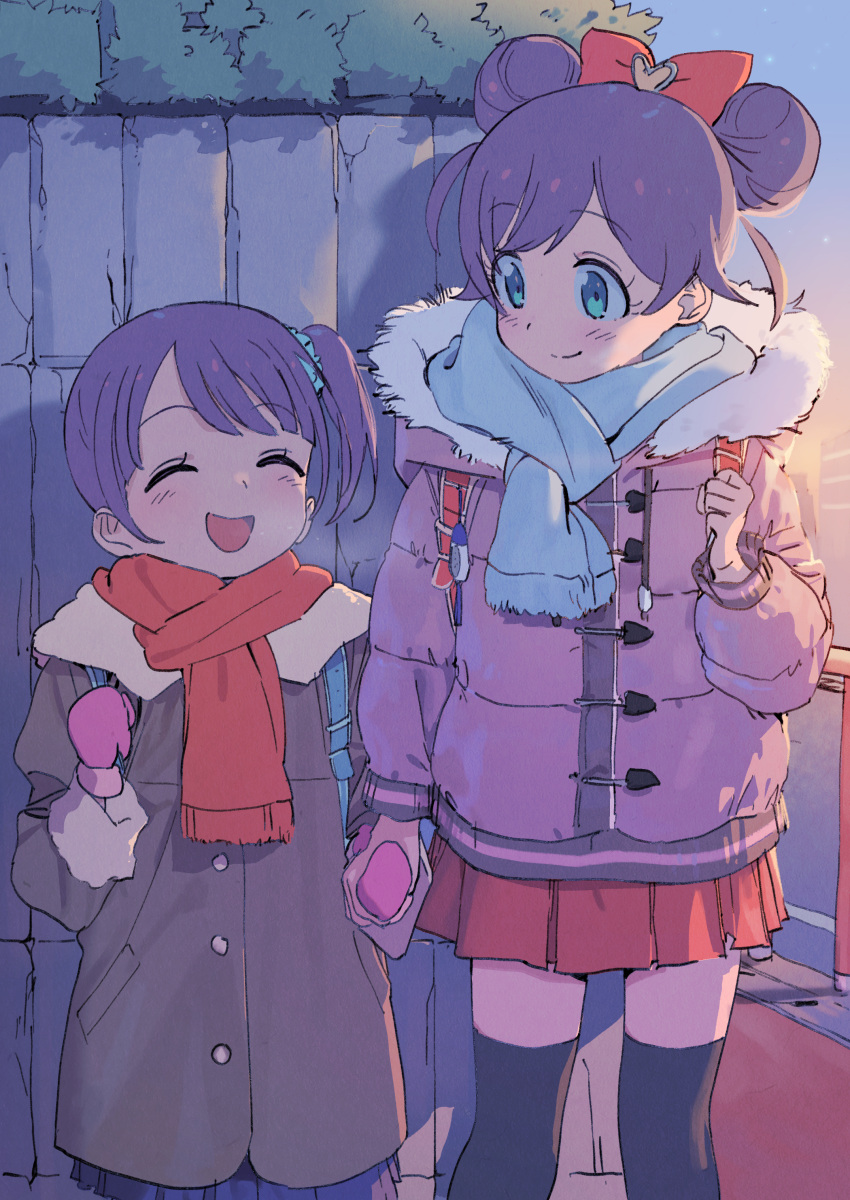 2girls ^_^ absurdres aqua_eyes blush bow closed_eyes coat dorontabi double_bun hair_bow height_difference highres holding_hands manaka_lala manaka_non miniskirt mittens multiple_girls outdoors pretty_(series) pripara purple_hair scarf side_ponytail skirt thigh-highs winter_clothes