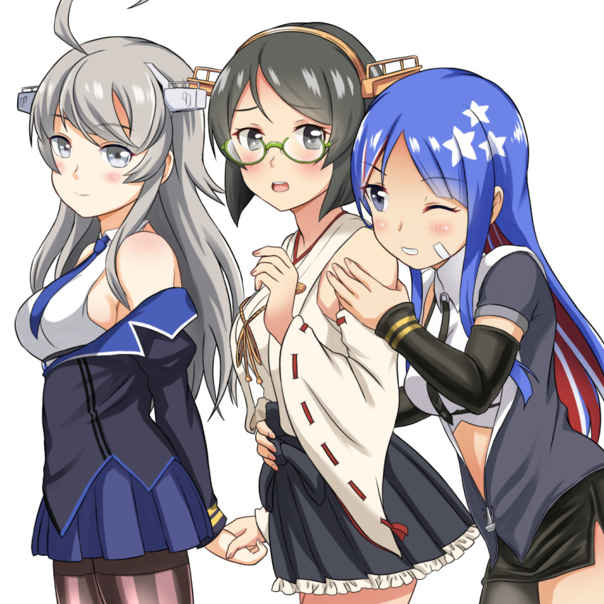 3girls ahoge bare_shoulders black_hair black_neckwear blue_eyes blue_hair blue_neckwear blue_skirt blush closed_mouth crop_top detached_sleeves elbow_gloves eyebrows_visible_through_hair glasses gloves green-framed_eyewear grey_eyes grey_eyes hairband headgear highres japanese_clothes kantai_collection kirishima_(kantai_collection) long_hair multicolored_hair multiple_girls necktie nontraditional_miko one_eye_closed open_mouth pencil_skirt pleated_skirt redhead remodel_(kantai_collection) ribbon-trimmed_sleeves ribbon_trim shirt short_hair silver_hair simple_background skirt sleeveless sleeveless_shirt smile south_dakota_(kantai_collection) star_(symbol) tsukemon upper_teeth washington_(kantai_collection) white_background white_hair white_shirt wide_sleeves