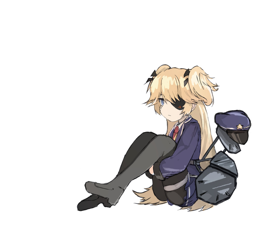 1girl absurdres blonde_hair blue_eyes blue_jacket blue_skirt cosplay expressionless eyepatch fischl_(genshin_impact) fischl_(genshin_impact)_(cosplay) full_body girls_frontline hat highres jacket jitome loafers long_hair pantyhose pleated_skirt red_neckwear shoes simple_background sitting skirt solo super_shorty_(girls_frontline) sureido_(zhwa3228) thigh_strap two_side_up white_background