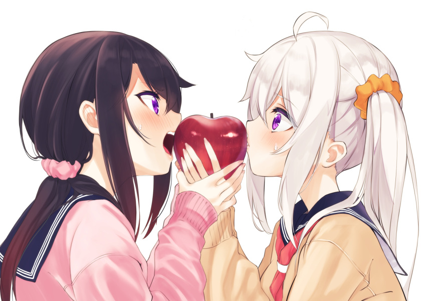 2girls absurdres ahoge apple bangs black_hair black_sailor_collar blush brown_sweater closed_mouth commentary_request eating eye_contact eyebrows_visible_through_hair food fruit hair_between_eyes hair_ornament hair_scrunchie hands_together highres holding holding_food holding_fruit long_hair long_sleeves looking_at_another low_ponytail multiple_girls nail_polish open_mouth orange_scrunchie original pink_nails pink_scarf pink_sweater ponytail profile red_apple sailor_collar scarf school_uniform scrunchie serafuku shared_food side_ponytail silver_hair simple_background sleeves_past_wrists sweat sweater upper_body upper_teeth violet_eyes white_background zero_(miraichizu)