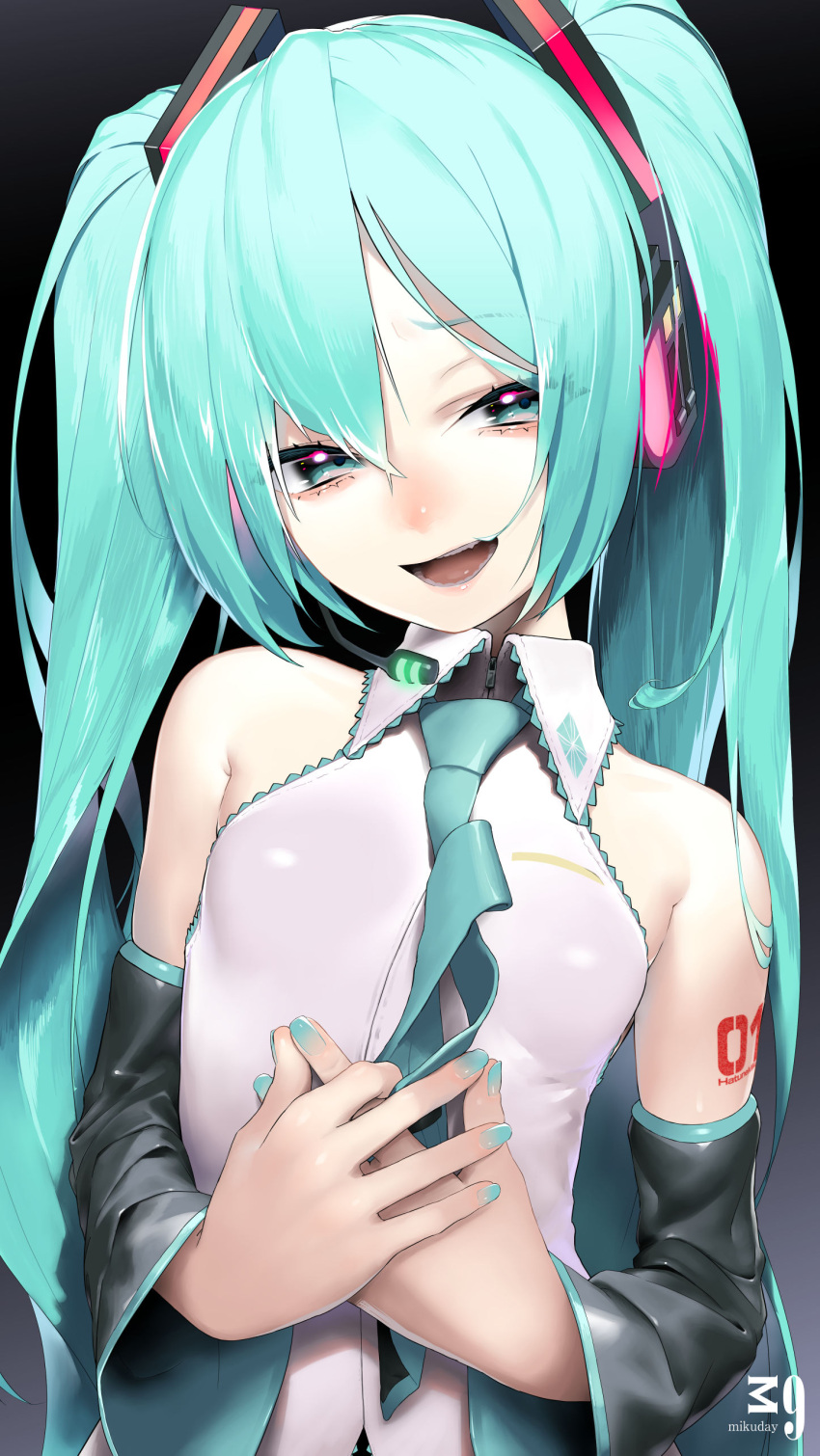 1girl 39 absurdres aqua_eyes aqua_hair aqua_nails aqua_neckwear bare_shoulders black_sleeves breasts commentary detached_sleeves furrowed_eyebrows grey_shirt hair_ornament half-closed_eyes hand_on_own_stomach hands_together hatsune_miku headphones headset highres long_hair looking_at_viewer nail_polish necktie open_mouth rsk_(tbhono) shiny shiny_clothes shirt shoulder_tattoo sleeveless sleeveless_shirt small_breasts solo tattoo twintails upper_body very_long_hair vocaloid