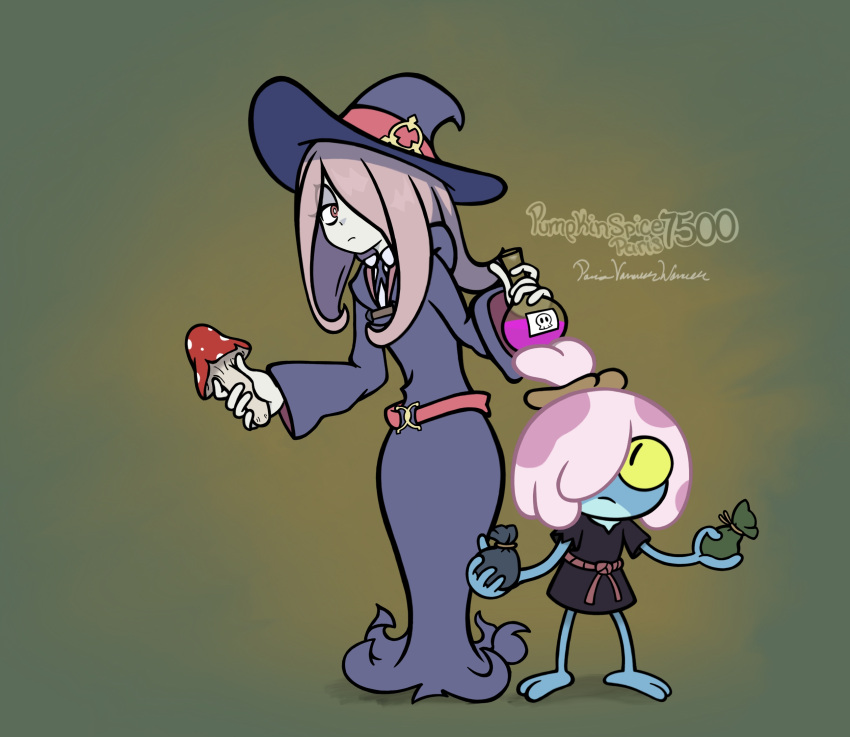 2girls amphibia disney frog hat highres holding little_witch_academia long_hair long_sleeves maddie_flour md5_mismatch multiple_girls mushroom pink_hair pumpkinspice7500 simple_background sucy_manbavaran witch_hat yellow_eyes