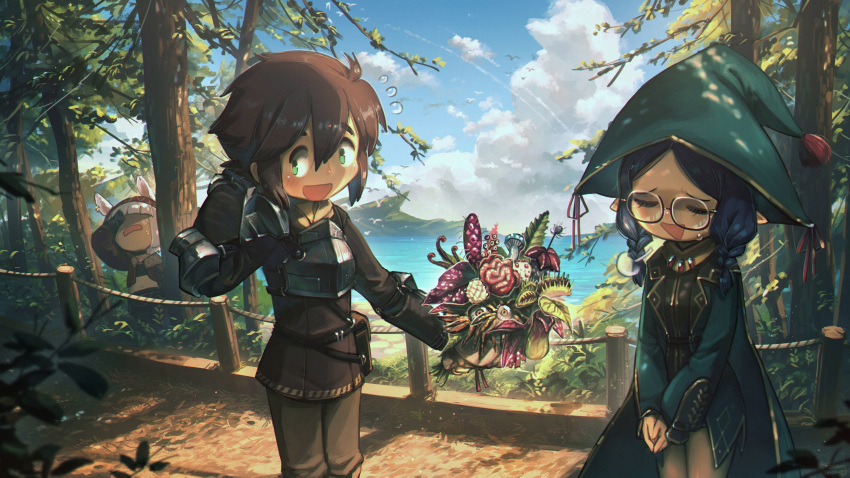 1boy 2girls absurdres animal_ears arm_behind_head armor blue_hair bouquet braid breastplate brown_hair carnivorous_plant closed_eyes clouds cloudy_sky eyeball facepalm fantasy flower flying_sweatdrops forest fur glasses green_eyes highres multiple_girls mushroom nature ocean original pitcher_plant plant pointy_ears porforever sky sweatdrop tree white_hair you're_doing_it_wrong