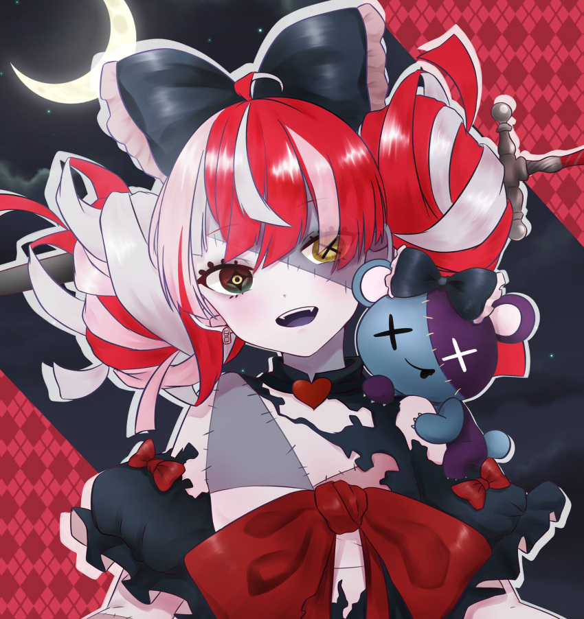 1girl ahoge argyle argyle_background black_bow black_dress black_footwear bow choker crescent_moon dress ekakibito eyelashes frilled_bow frills heart heart_choker heterochromia highres hololive hololive_indonesia kureiji_ollie looking_at_viewer messy_hair moon multicolored_hair night patchwork_skin red_background red_bow redhead ring_pull sky solo star_(sky) starry_sky stitches sword torn_clothes torn_dress tsurime two-tone_hair udin_(kureiji_ollie) weapon white_hair yellow_eyes yellow_pupils zombie