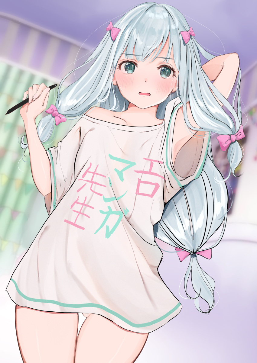 1girl absurdres ass_visible_through_thighs bangs blue_eyes blush bow breasts commentary_request eromanga_sensei hair_bow highres holding holding_pen huge_filesize izumi_sagiri long_hair looking_at_viewer open_mouth pen pink_bow short_sleeves silver_hair solo uiri-na wide_sleeves
