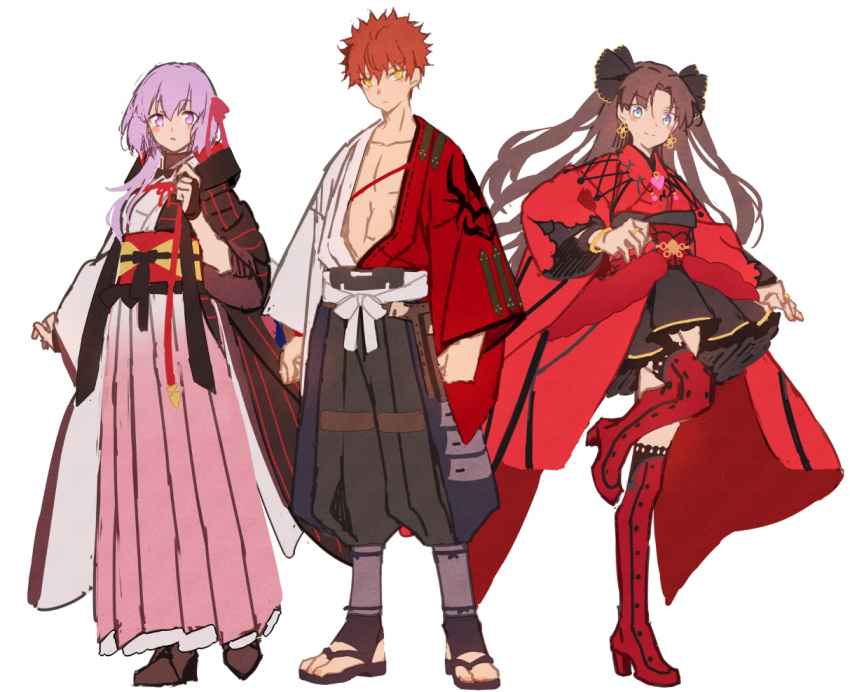 1boy 2girls adapted_costume bangs black_hair blue_eyes blush_stickers boots closed_mouth dress emiya_shirou fate/grand_order fate/stay_night fate_(series) formalcraft full_body gloves hair_between_eyes hair_ribbon hakusai_(tiahszld) high_heels imaginary_around japanese_clothes kimono limited/zero_over long_sleeves looking_at_viewer matou_sakura multiple_girls obi open_clothes open_kimono open_mouth purple_hair red_kimono redhead ribbon sandals sash shoes short_kimono simple_background skirt smile thigh-highs thigh_boots tohsaka_rin violet_eyes white_background white_kimono wide_sleeves yellow_eyes