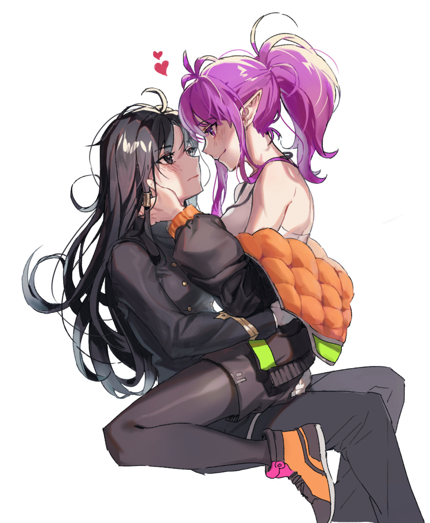 2girls ahoge black_hair black_jacket black_legwear blush brown_eyes brown_hair character_request copyright_request formal hair_tubes hands_on_another's_cheeks hands_on_another's_face hands_on_another's_hips heart high_ponytail highres jacket long_hair looking_at_another messy_hair multiple_girls off-shoulder_jacket on_lap padded_coat pants pantyhose pink_hair pointy_ears ptaki_2 shoes shorts simple_background sitting smile sneakers suit very_long_hair white_background yuri
