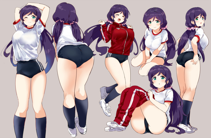 1girl ;) arms_behind_head ass bangs breasts buruma closed_eyes green_eyes gym_uniform highres jacket kurokawa_makoto large_breasts long_hair looking_at_viewer love_live! love_live!_school_idol_project low_twintails multiple_views one_eye_closed open_mouth parted_bangs pink_scrunchie purple_hair red_jacket scrunchie shirt shoes short_sleeves simple_background sitting smile socks standing swept_bangs toujou_nozomi track_jacket twintails white_footwear white_shirt