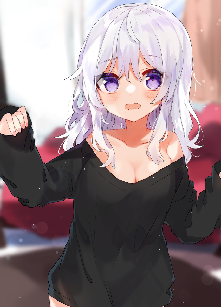 1girl absurdres bare_shoulders black_sweater blurry blurry_background highres light_particles long_sleeves loose_clothes medium_hair noi_mine open_mouth original sweater violet_eyes white_hair