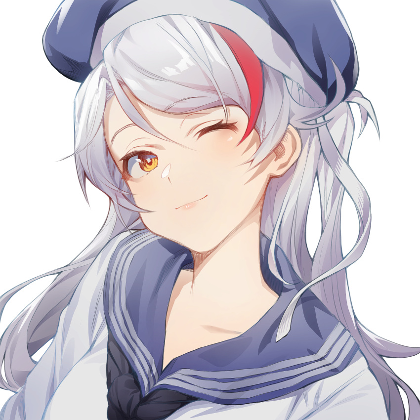 1girl ;) azur_lane bangs black_neckwear blue_headwear blue_sailor_collar brown_eyes closed_mouth collarbone commentary_request eyebrows_visible_through_hair hair_between_eyes hat head_tilt highres long_hair looking_at_viewer multicolored_hair neckerchief one_eye_closed prinz_eugen_(azur_lane) redhead sailor_collar sailor_hat shinidei shiny shiny_hair shirt silver_hair simple_background smile solo streaked_hair swept_bangs upper_body white_background white_shirt