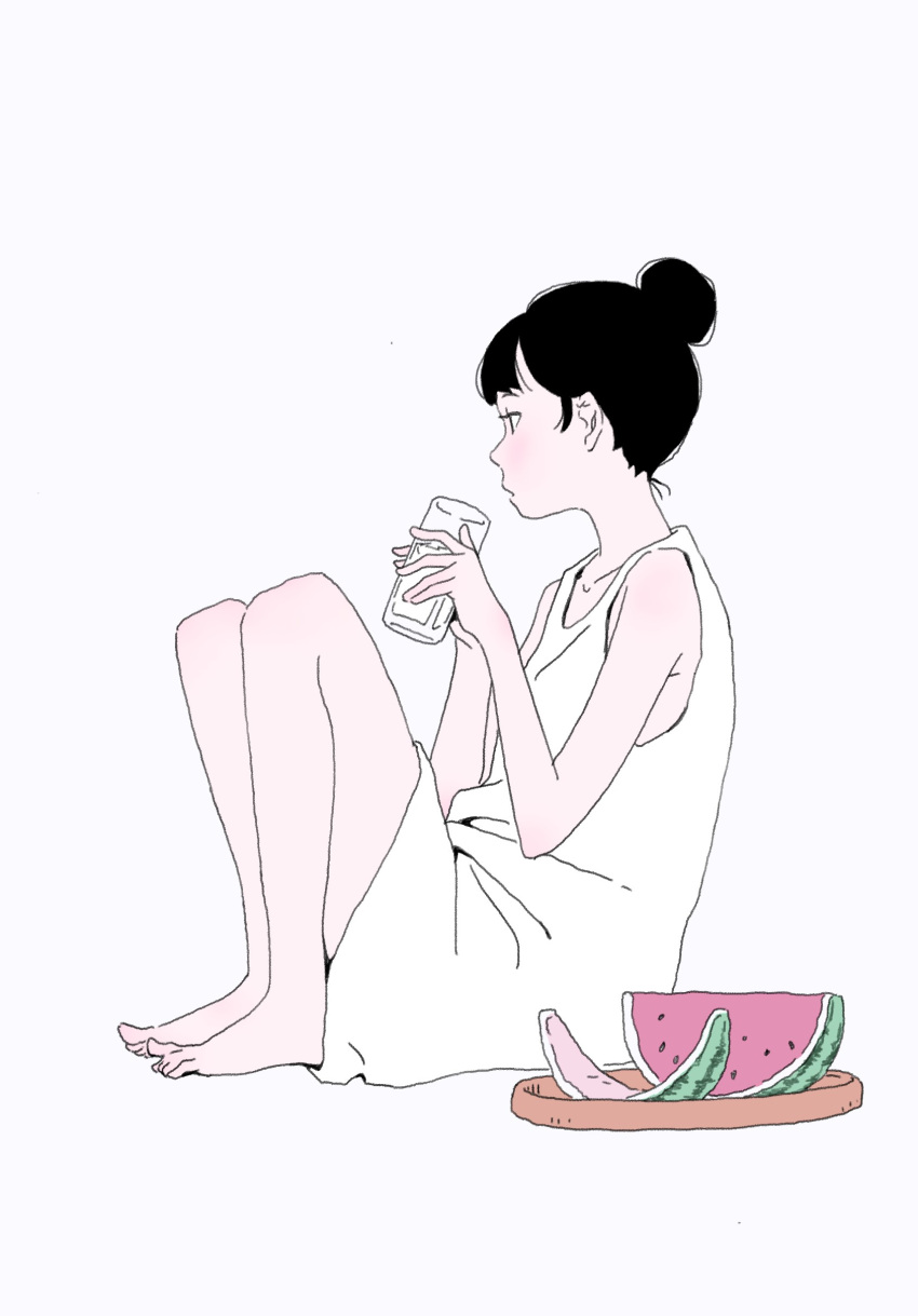 1girl absurdres bangs bare_legs barefoot black_hair blush dress drink food fruit full_body hair_bun highres holding holding_drink hosoo knees_up original profile sitting solo watermelon watermelon_slice white_dress