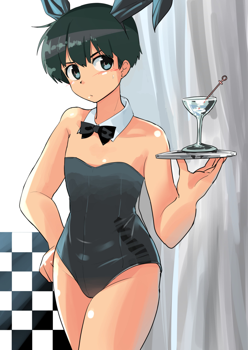 1girl absurdres animal_ears bangs black_eyes black_hair black_leotard bow bowtie closed_mouth cocktail_glass collar commentary cowboy_shot cup detached_collar drinking_glass fake_animal_ears flat_chest frown genderswap genderswap_(mtf) haida_katsuretsu hand_on_hip highres holding holding_tray leotard looking_at_viewer original playboy_bunny rabbit_ears short_hair solo standing strapless strapless_leotard sweatdrop tray white_collar wing_collar wrist_cuffs