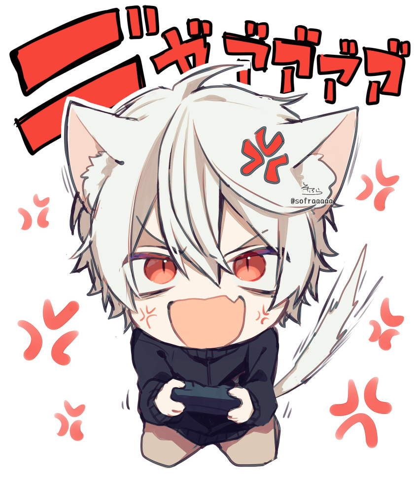 1boy absurdres anger_vein animal_ear_fluff animal_ears bangs black_jacket brown_panties cat_boy cat_ears cat_tail chibi commentary controller eyebrows_visible_through_hair fang full_body game_controller grey_hair hair_between_eyes highres holding jacket kuzuha_(nijisanji) long_sleeves looking_at_viewer male_focus nijisanji open_mouth panties red_eyes signature sleeves_past_wrists sofra solo tail translation_request twitter_username underwear v-shaped_eyebrows virtual_youtuber