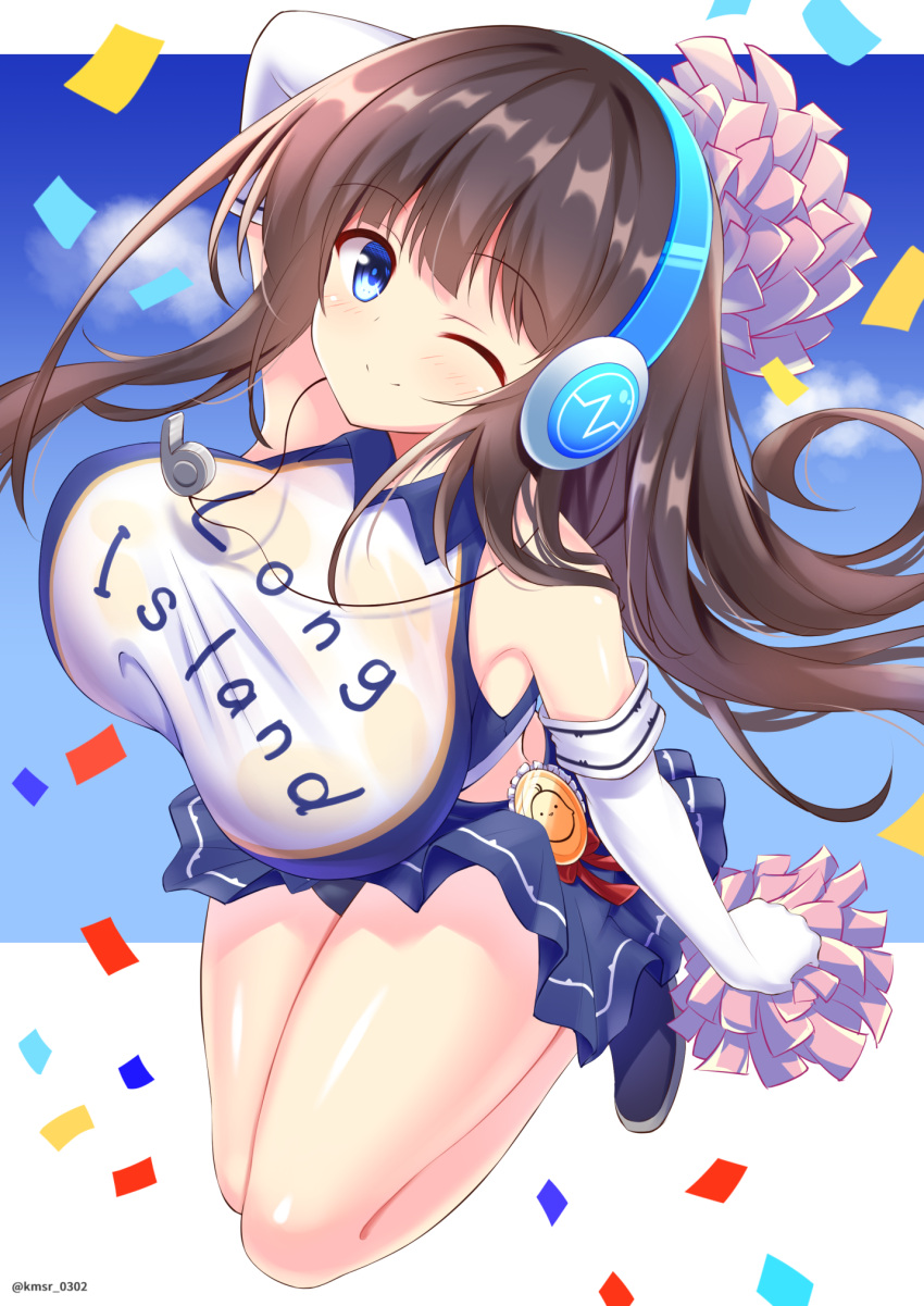1girl alternate_costume arm_up azur_lane bare_shoulders black_hair blue_eyes blush breasts cheerleader elbow_gloves eyebrows_visible_through_hair gloves gradient gradient_background hair_ornament headphones highres holding holding_pom_poms jumping kamishiro_(rsg10679) large_breasts long_hair long_island_(azur_lane) looking_at_viewer manjuu_(azur_lane) miniskirt off_shoulder one_eye_closed pleated_skirt pom_poms shirt skirt smile solo thighs very_long_hair whistle whistle_around_neck white_gloves