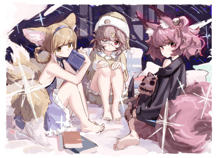 3girls animal_ear_fluff animal_ears arknights bare_shoulders black_jacket blonde_hair blue_dress blue_hairband book braid commentary dress eyepatch fox_ears fox_tail frilled_dress frills hair_ornament hairband hands_on_own_knees hat highres holding holding_book jacket knees_together knees_up knife looking_at_viewer medical_eyepatch multiple_girls multiple_tails pillow pink_eyes pink_hair popukar_(arknights) red_eyes shamare_(arknights) shirt short_hair shorts sitting sketch songchuan_li suzuran_(arknights) tail tied_hair voodoo_doll wariza yellow_eyes yellow_shirt yellow_shorts