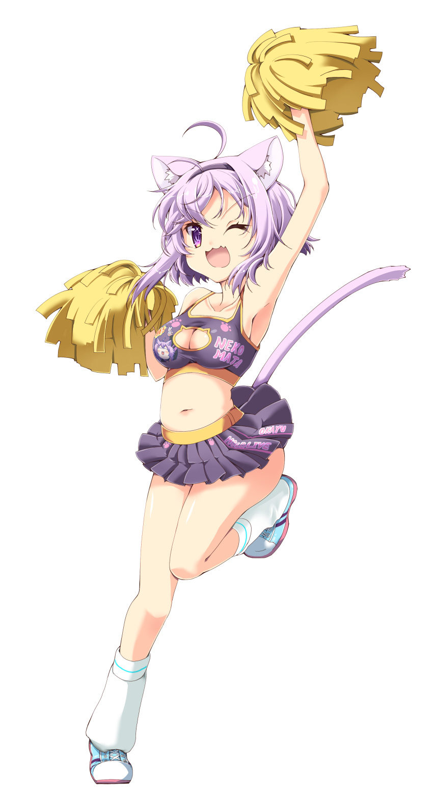 1girl :3 absurdres ahoge animal_ear_fluff animal_ears armpits bangs bare_arms bare_shoulders breasts cat_cutout cat_ears cat_girl cat_tail cheerleader cleavage_cutout clothes_writing clothing_cutout crop_top eyebrows_visible_through_hair fang full_body hair_between_eyes hairband highres hololive knee_up microskirt midriff navel nekomata_okayu one_eye_closed pleated_skirt pom_poms poruneko shoes short_hair simple_background skin_fang skirt sneakers sparkling_eyes tail tank_top tube_socks v-shaped_eyebrows violet_eyes virtual_youtuber wavy_mouth white_background