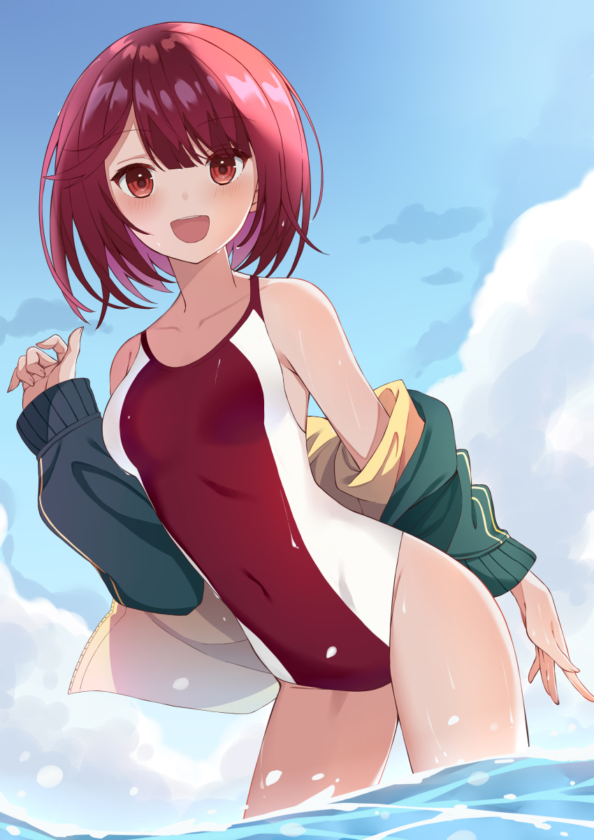 1girl :d absurdres atelier_(series) atelier_sophie bangs blue_sky blush breasts clothes_down collarbone competition_swimsuit covered_navel cowboy_shot day eyebrows_visible_through_hair green_jacket hair_between_eyes highres jacket leaning_forward long_sleeves looking_at_viewer medium_hair one-piece_swimsuit open_clothes open_jacket open_mouth outdoors pillow_(blackpirou) red_eyes red_swimsuit redhead shiny shiny_hair sky small_breasts smile solo sophie_neuenmuller summer swimsuit wading