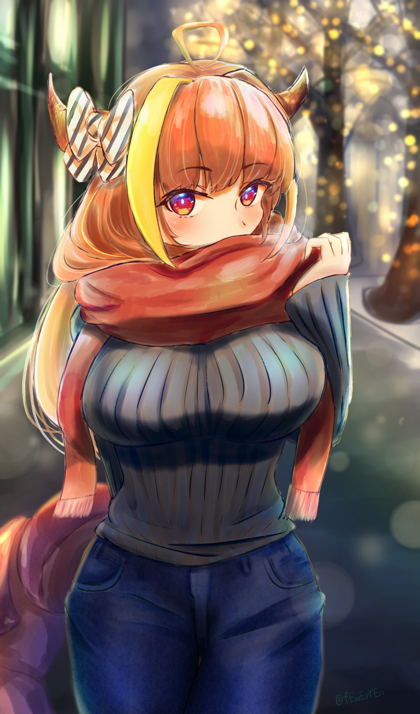 1girl absurdres ahoge alternate_costume arm_behind_back blurry bow breasts casual christmas_lights cold covered_mouth cowboy_shot denim depth_of_field dragon_horns dragon_tail eyelashes feweryen grey_sweater hand_up highres hololive horn_bow horns jeans kiryuu_coco large_breasts long_hair looking_at_viewer multicolored multicolored_eyes multicolored_hair night orange_hair outdoors pants ribbed_sweater road scarf solo streaked_hair street sweater tail very_long_hair virtual_youtuber winter