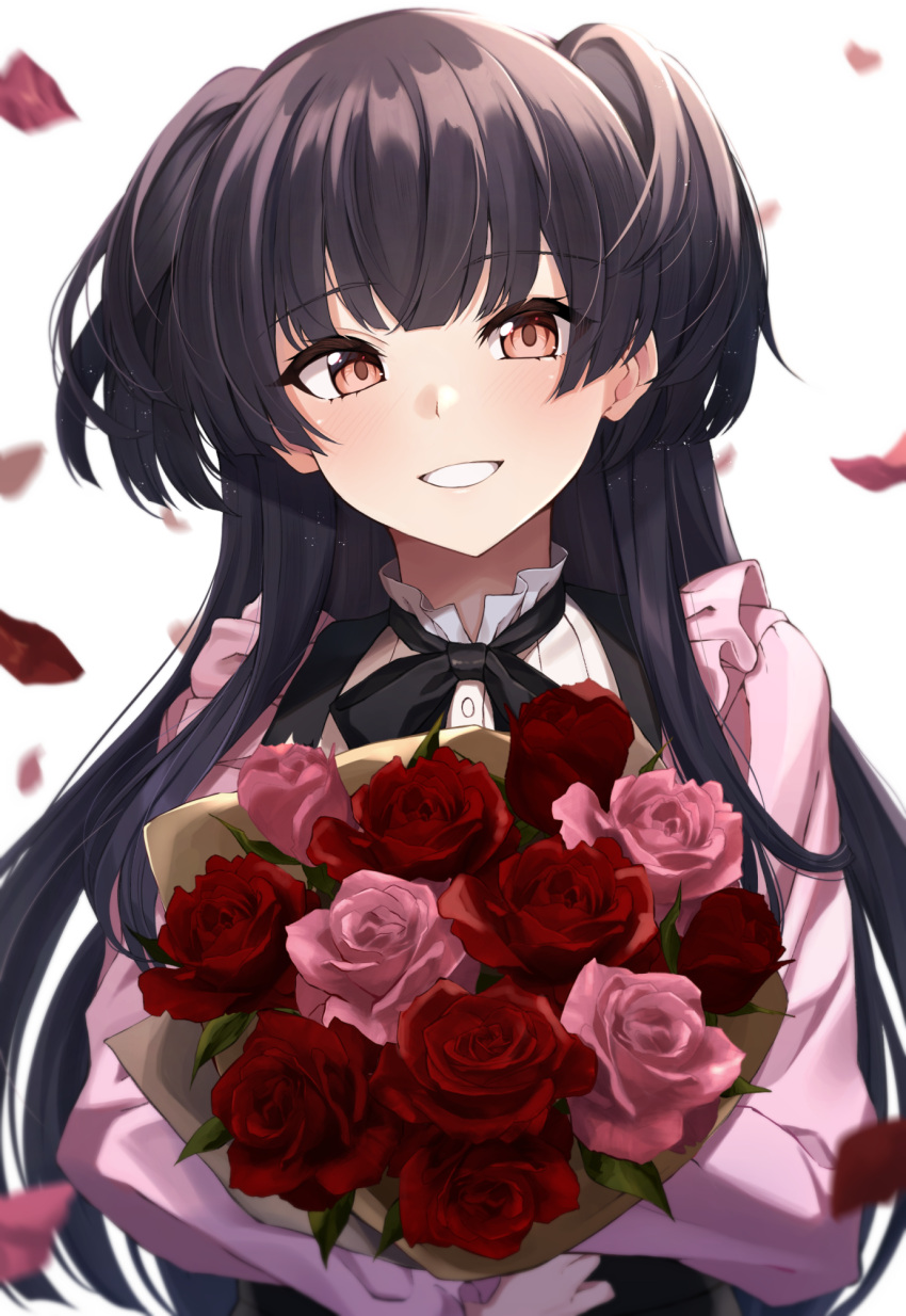 1girl bangs black_hair black_ribbon blouse blunt_bangs blurry_foreground bouquet commentary_request eyebrows_visible_through_hair flower highres holding holding_bouquet idolmaster idolmaster_shiny_colors kurousagi_yuu long_hair looking_at_viewer mayuzumi_fuyuko neck_ribbon petals pink_blouse pink_flower pink_rose red_flower red_rose ribbon rose smile solo upper_body white_background
