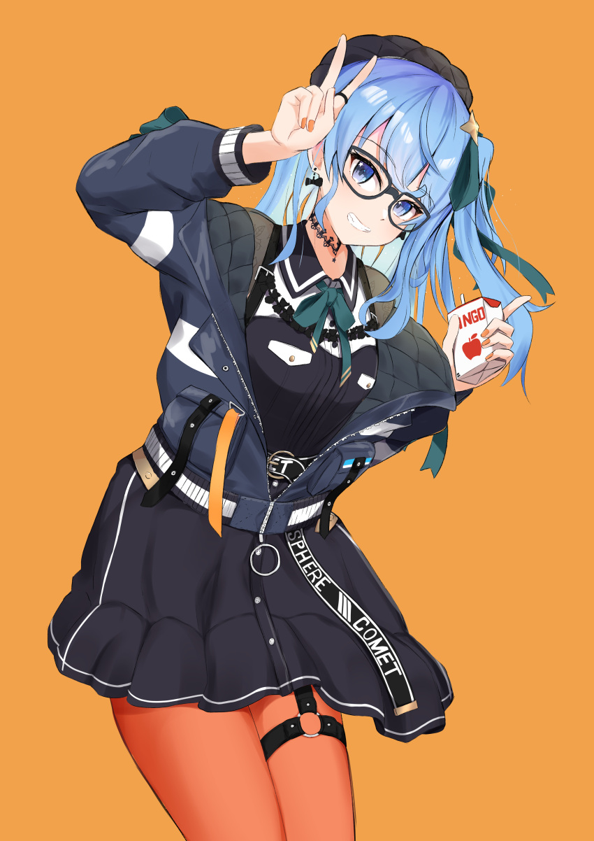 1girl absurdres belt beret bespectacled black_hair black_skirt blue_eyes blue_hair blue_jacket bow bow_earrings breasts choker drop_earrings earrings fingernails glasses grin hand_up hat highres hololive hoshimachi_suisei j_yak47 jacket jewelry juice_box lace lace_choker leaning_forward long_hair looking_at_viewer nail_polish o-ring_thigh_strap orange_background orange_legwear orange_nails padded_jacket pantyhose partially_unzipped side_ponytail simple_background skirt small_breasts smile solo star_(symbol) star_choker thighs v virtual_youtuber wavy_hair