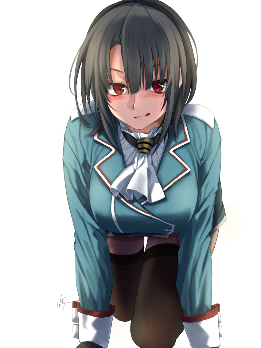 1girl all_fours black_gloves black_hair black_legwear breasts gloves highres kantai_collection large_breasts licking_lips long_sleeves looking_at_viewer military military_uniform nmz_(namazu) red_eyes short_hair simple_background solo takao_(kantai_collection) thigh-highs tongue tongue_out uniform white_background