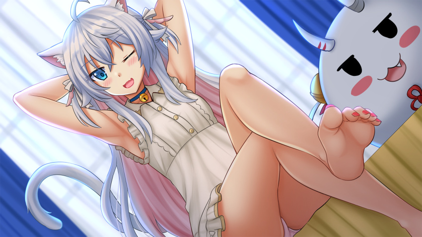 1girl ;d animal_ear_fluff animal_ears armpits arms_behind_head arms_up bangs bare_arms bare_shoulders barefoot bell bell_choker blue_choker blue_eyes blurry blurry_background blush breasts cat_ears cat_girl cat_tail choker commentary_request crossed_legs crossover depth_of_field dress dutch_angle eyebrows_visible_through_hair fang feet hair_between_eyes highres hololive jingle_bell kagura_nana kazenokaze legs long_hair multicolored_hair nanakagu_karatou_ch one_eye_closed open_mouth panties pink_hair pink_panties poyoyo_(nakiri_ayame) red_nails silver_hair sleeveless sleeveless_dress small_breasts smile soles tail toenail_polish two-tone_hair underwear very_long_hair virtual_youtuber white_dress