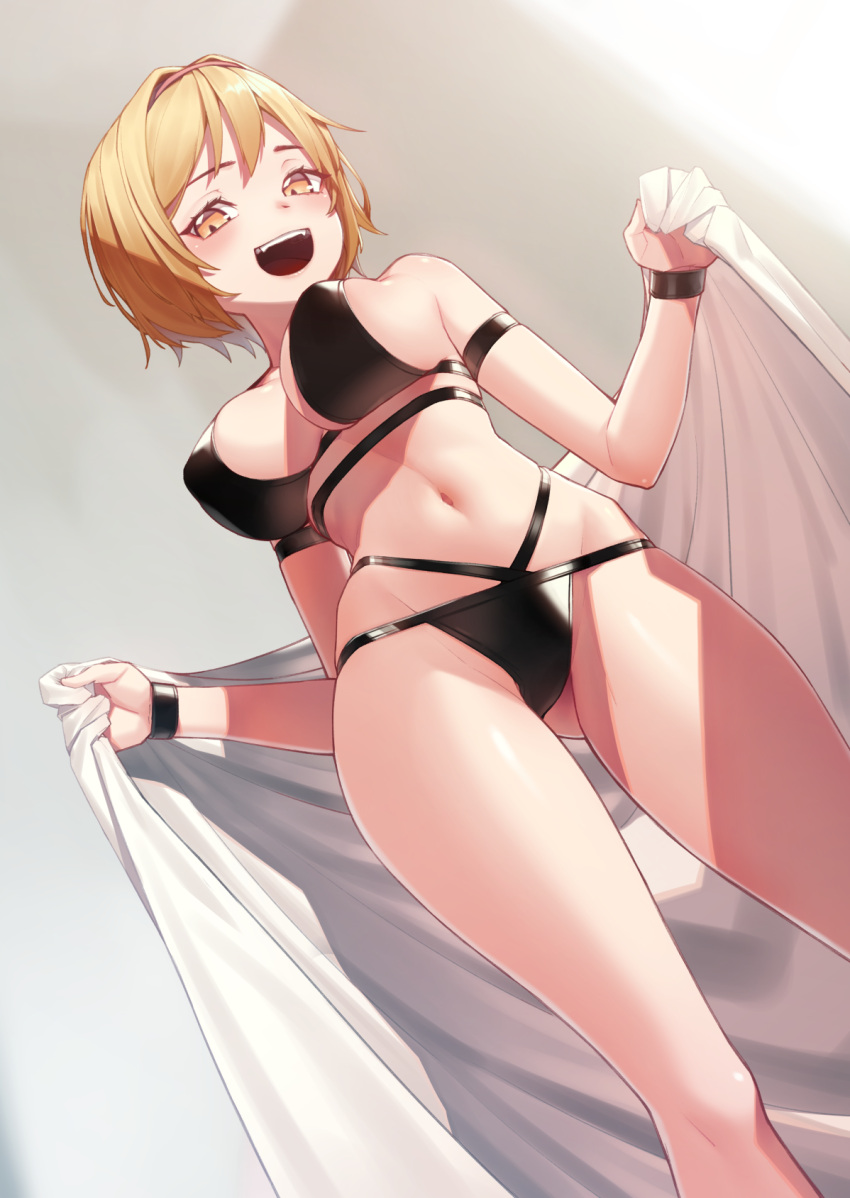 1girl alternate_costume ass_visible_through_thighs bed_sheet black_bra black_panties blonde_hair bra breasts djeeta_(granblue_fantasy) dutch_angle fangs feet_out_of_frame from_below granblue_fantasy hair_intakes highres holding large_breasts looking_at_viewer looking_down midriff naughty_face navel open_mouth panties scarlettear33 short_hair smile swimsuit teeth underwear upper_teeth wristband yellow_eyes