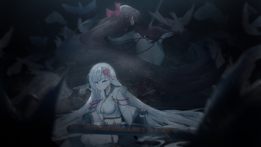 2girls absurdly_long_hair absurdres azur_lane bird black_gloves black_hair blue_eyes blurry blurry_foreground bow breasts brown_hair depth_of_field from_behind gloves hair_bow hair_ornament half_gloves highres instrument japanese_clothes kanzashi kimono koto_(instrument) long_hair looking_at_viewer medium_breasts multiple_girls music parted_lips partially_fingerless_gloves playing_instrument ringlets seiza shoukaku_(azur_lane) siblings sisters sitting thigh-highs unsaynani very_long_hair violin white_hair white_kimono white_legwear wreckage zuikaku_(azur_lane)