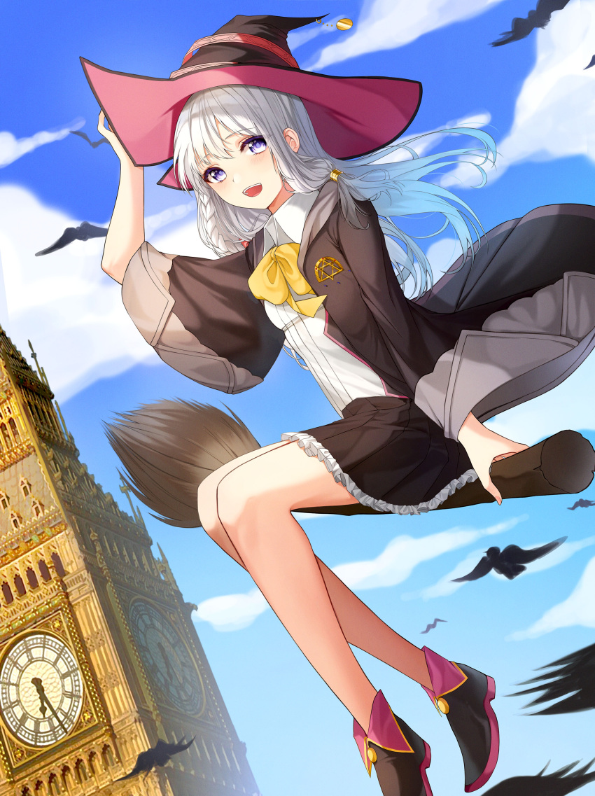 1girl :d absurdres ame_816 arm_up bangs black_headwear black_robe black_skirt blue_sky blush bow breasts broom broom_riding clock clock_tower clouds collared_shirt commentary day dress_shirt elaina_(majo_no_tabitabi) elizabeth_tower eyebrows_visible_through_hair frilled_skirt frills hair_between_eyes hand_on_headwear hat highres hood hood_down hooded_robe long_hair long_sleeves looking_at_viewer majo_no_tabitabi open_clothes open_mouth open_robe outdoors pleated_skirt robe roman_numerals shirt silver_hair skirt sky small_breasts smile solo tower very_long_hair violet_eyes white_shirt wide_sleeves witch_hat yellow_bow