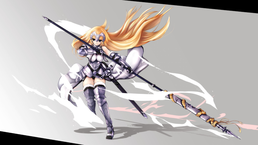 1girl absurdres armor armored_dress banner blonde_hair blue_eyes boots fate/grand_order fate_(series) faulds full_body gauntlets greaves harii_(janib5kc) headpiece highres holding jeanne_d'arc_(fate) jeanne_d'arc_(fate)_(all) long_hair plackart scabbard sheath sheathed solo standard_bearer sword thigh-highs thigh_boots very_long_hair weapon