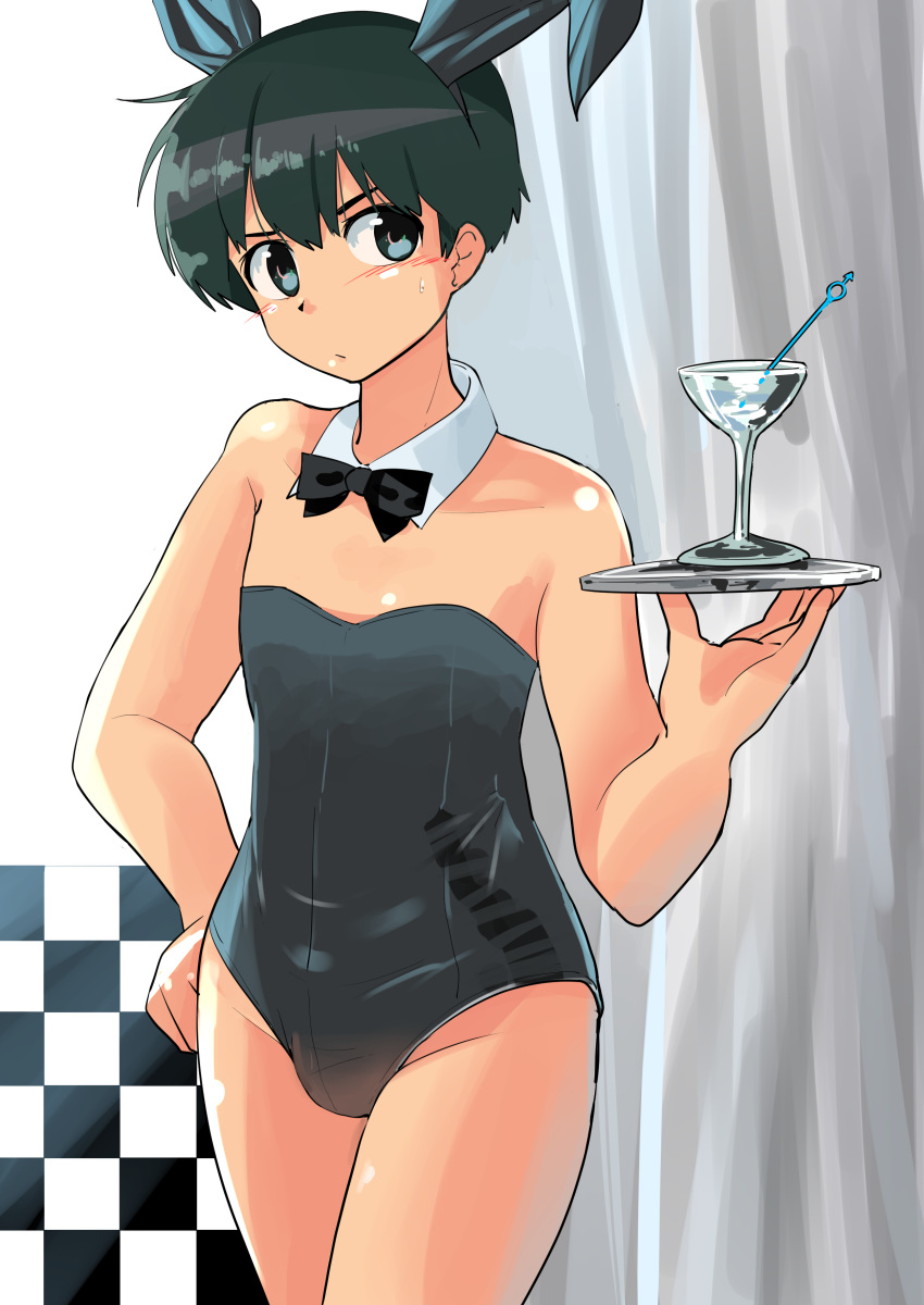 1boy absurdres animal_ears bangs black_eyes black_hair black_leotard bow bowtie closed_mouth cocktail_glass collar commentary cowboy_shot crossdressinging cup detached_collar drinking_glass fake_animal_ears frown haida_katsuretsu hand_on_hip highres holding holding_tray leotard looking_at_viewer male_focus original playboy_bunny rabbit_ears standing strapless strapless_leotard sweatdrop symbol_commentary tray white_collar wing_collar wrist_cuffs