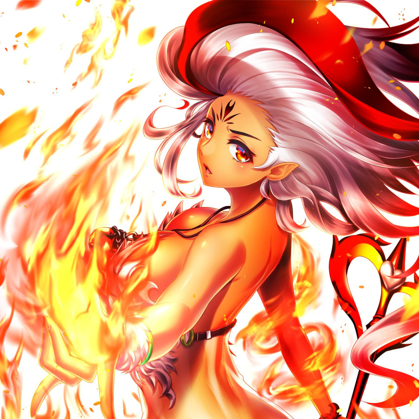 1girl bare_shoulders breasts dark_skin destiny_child facial_mark fire forehead_mark hestia_(destiny_child) highres kurowana long_hair looking_at_viewer looking_back multicolored_hair pointy_ears red_eyes redhead solo white_hair