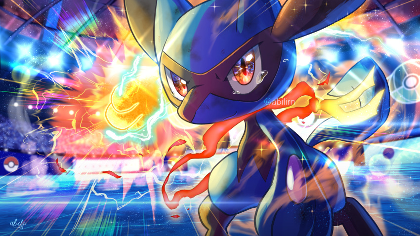 absurdres closed_mouth commentary_request crying gen_4_pokemon glowing highres incoming_attack leaning_forward looking_at_viewer orange_eyes poke_ball_symbol pokemer pokemon pokemon_(creature) riolu signature smile sparkle stadium tears tile_floor tiles watermark