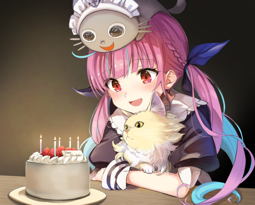 1girl animal animal_on_head birthday_cake blue_hair bow braid cake candle cat cat_on_head colored_inner_hair commentary_request food french_braid fruit hair_bow happy_birthday holding holding_animal holding_cat hololive indoors komugi_(minato_aqua) looking_ahead minato_aqua multicolored_hair neko_(minato_aqua) night on_head open_mouth pink_hair red_eyes sitting smile solo strawberry streaked_hair summer_tail720 table twintails two-tone_hair wooden_table wrist_cuffs