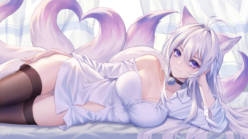 1girl absurdres animal_ears antenna_hair bell bell_choker black_choker black_legwear breasts choker closed_eyes closed_mouth collarbone collared_shirt fox_ears fox_girl fox_tail h head_rest heart heart_tail highres jingle_bell kirby_d_a long_hair looking_at_viewer lying medium_breasts multiple_tails naked_shirt navel off_shoulder on_side original photoshop_(medium) purple_hair revision shirt smile solo tail thigh-highs violet_eyes white_shirt
