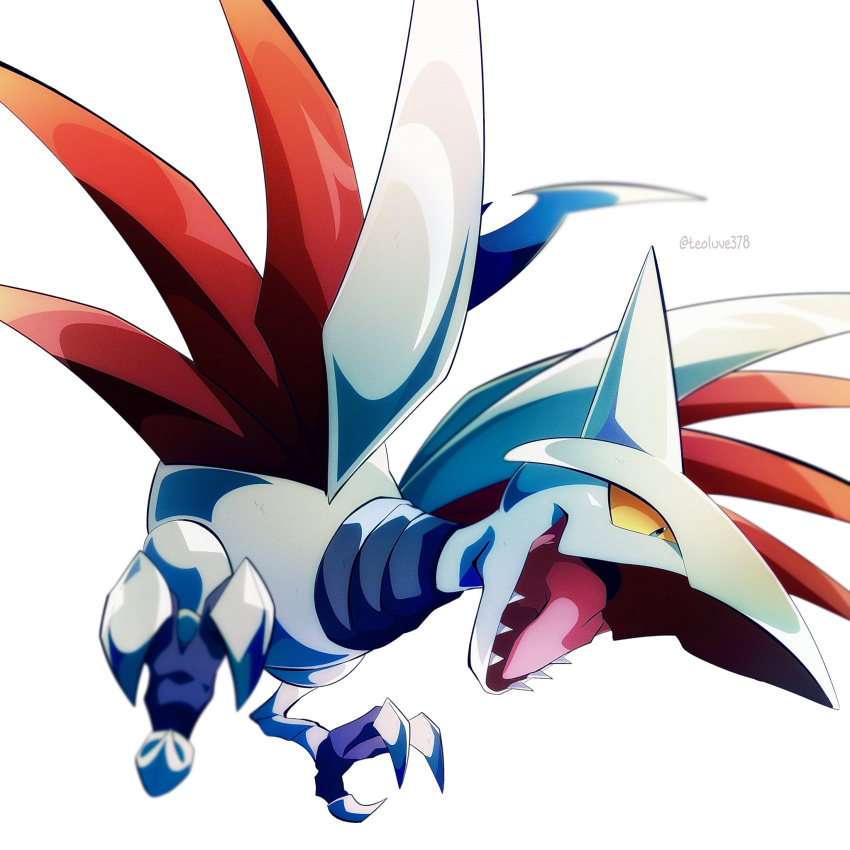 blue_eyes blurry gen_2_pokemon highres jacknaiff no_humans open_mouth pokemon pokemon_(creature) sharp_teeth skarmory solo talons teeth tongue watermark white_background yellow_sclera