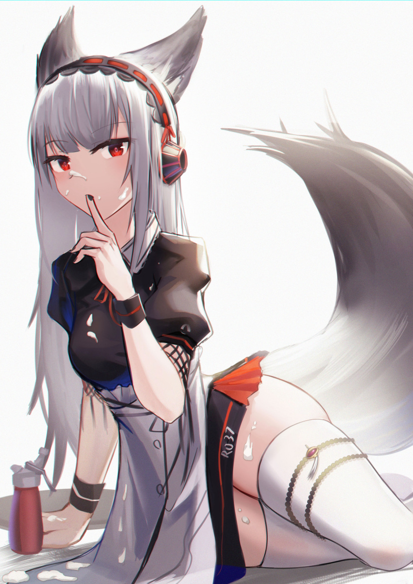 1girl absurdres animal_ears arknights arm_support bangs black_nails black_shirt commentary_request eyebrows_visible_through_hair food food_on_face fox_ears fox_tail frostleaf_(arknights) grey_background headphones highres large_tail lodbyy long_hair looking_at_viewer nail_polish partial_commentary red_eyes shirt silver_hair skirt solo tail thigh-highs thighs white_legwear white_skirt wrist_cuffs