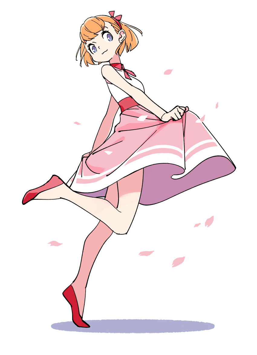 1girl absurdres bare_legs blonde_hair dress highres holding holding_clothes holding_dress leg_up original petals pink_dress red_footwear shadow shoes short_hair sleeveless sleeveless_dress solo standing standing_on_one_leg tayama_midori white_background