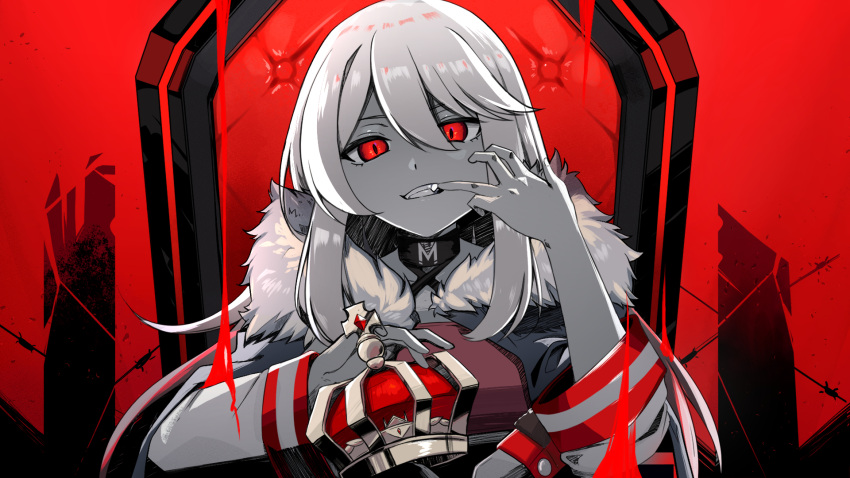 atari_(ariq323) chair choker commentary crown crown_removed fangs fangs_out finger_to_mouth fingernails fur fur-trimmed_jacket fur_trim hair_between_eyes head_tilt highres indie_virtual_youtuber jacket king_(vocaloid) knee_up logo long_hair looking_at_viewer mizuz mouth_pull parody red_eyes red_theme slit_pupils tagme teeth throne upper_body virtual_youtuber white_hair